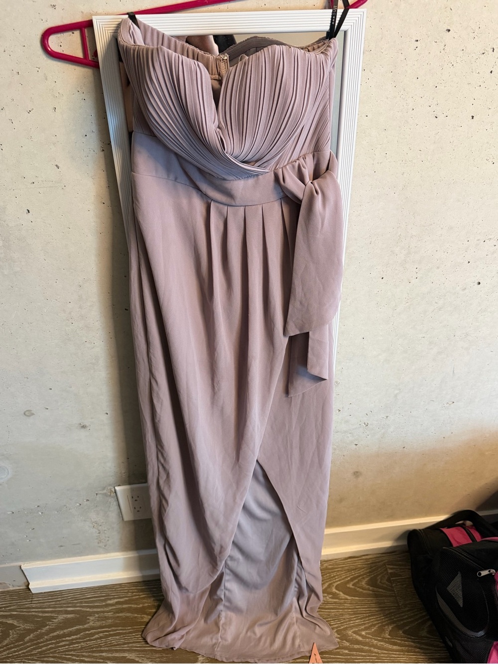 Strapless Pleated Mauve Evening Dress with Waist Sash